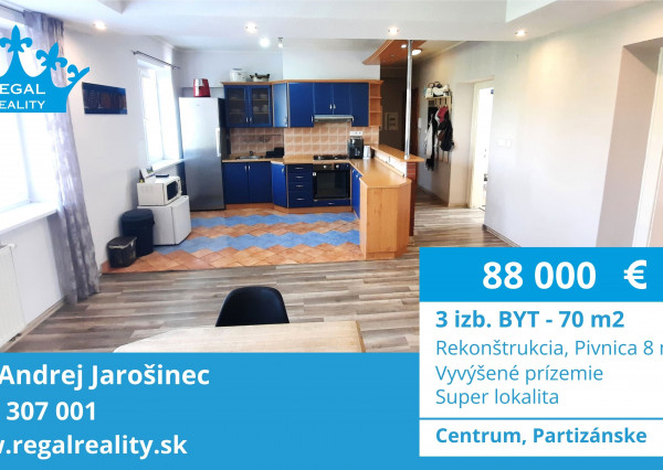 Rezervovaný: 3-IZB. BYT, Pivnica, 70 m2, centrum, Partizánske