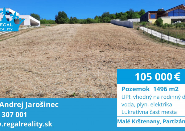 Lukratívny POZEMOK č. 2 na Rodinný dom,1496 m2 Partizánske