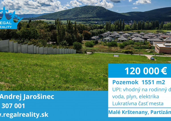 Lukratívny POZEMOK  č. 1 na Rodinný dom, 1551m2 Partizánske