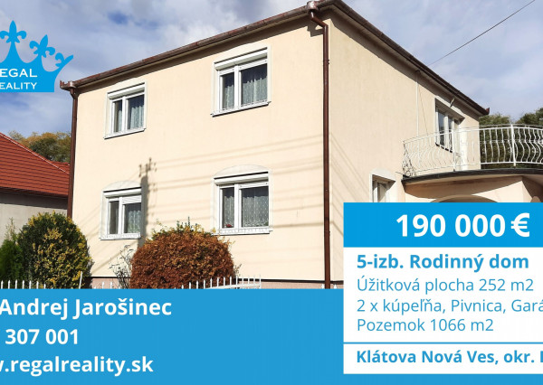 Výhradne: 5-izb. Dom, 1066 m2, Garáž,  Klátova Nová Ves