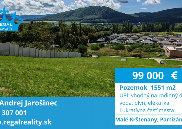 Lukratívny POZEMOK  č. 1 na Rodinný dom, 1551m2 Partizánske