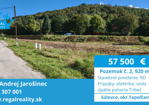 POZEMOK  č. 2, 920 m2, stavebné povolenie, Súlovce ,okr. TO