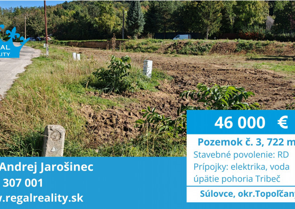 POZEMOK  č. 3, 722 m2,stavebné povolenie, Súlovce , okr. TO