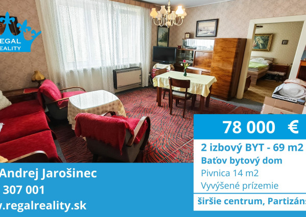 Veľkometrážny 2-IZB.  BYT, 69 m2,  Baťov dom, Partizánske