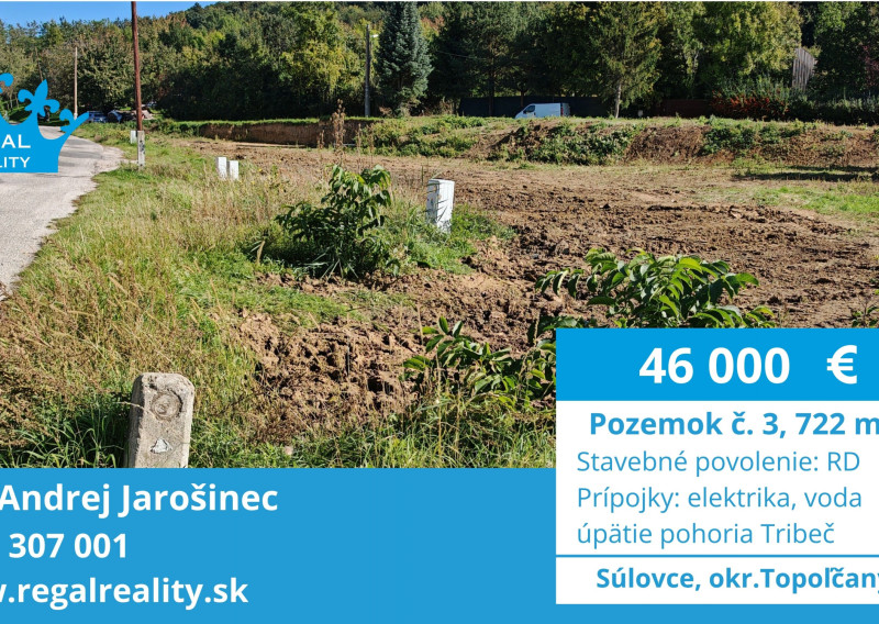 Rezervovaný: POZEMOK  č. 3, 722 m2, Súlovce ,okr. TO