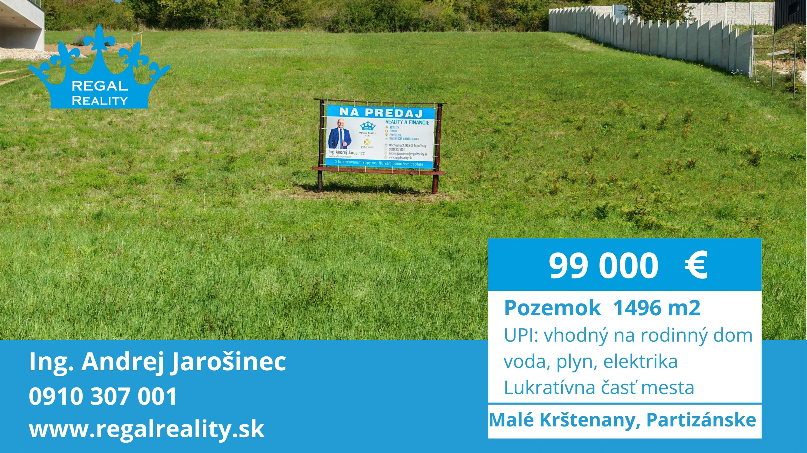 Lukratívny POZEMOK  č. 2 na Rodinný dom,1496 m2 Partizánske