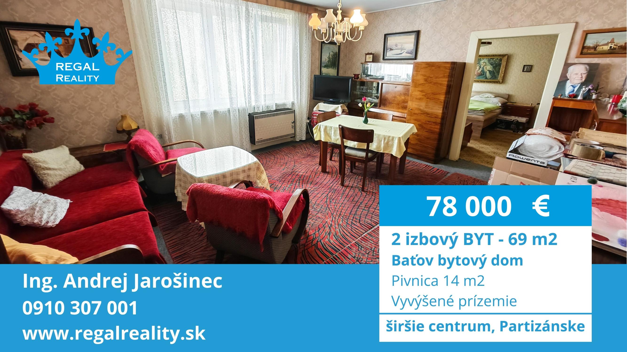 Veľkometrážny 2-IZB.  BYT, 69 m2,  Baťov dom, Partizánske